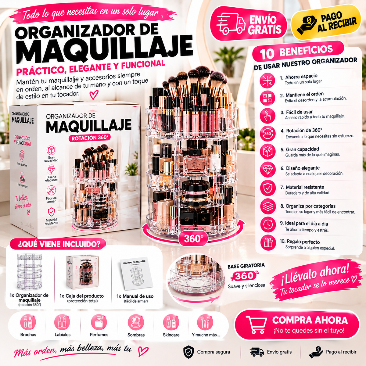 Organizador de maquillaje giratorio 360° – Más organización, más espacio y máxima practicidad