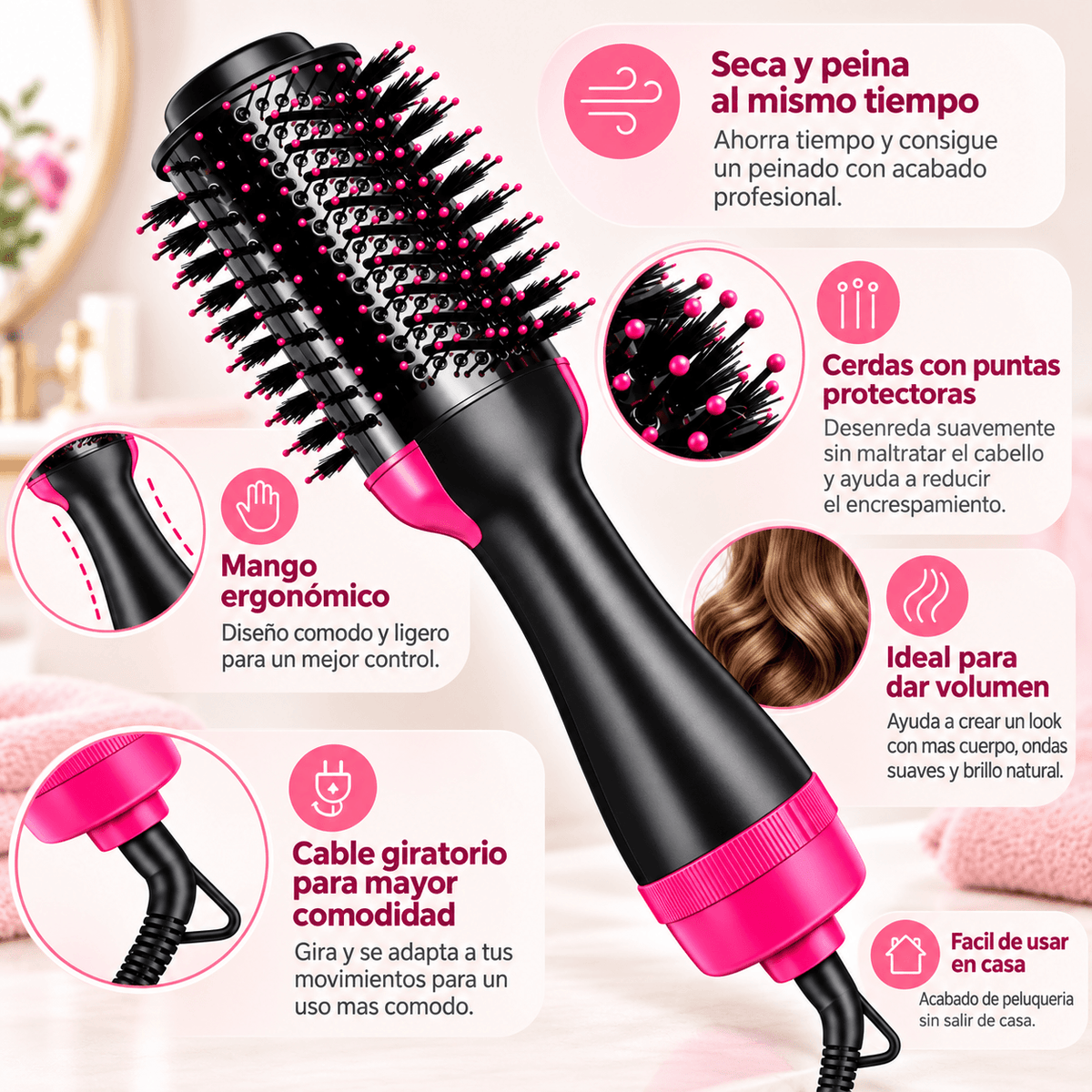 ✨ ¡Cabello Perfecto en Minutos! | Cepillo Secador 3 en 1 con Turmalina