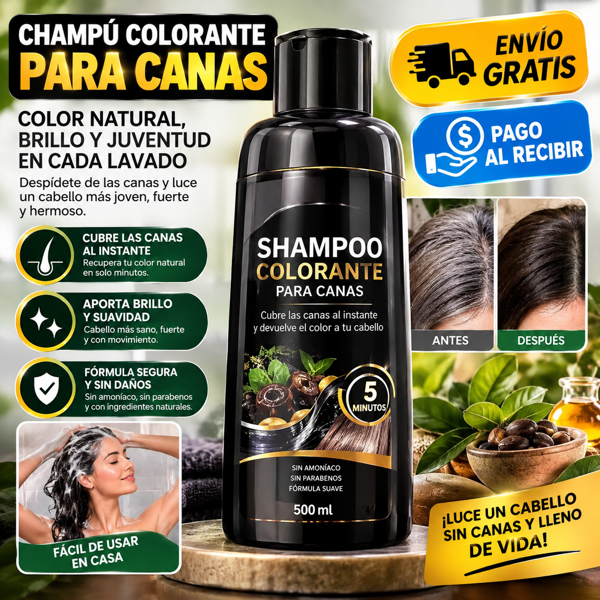 Champú Colorante para Canas 500 ml – Color Intenso y Cabello con Más Brillo