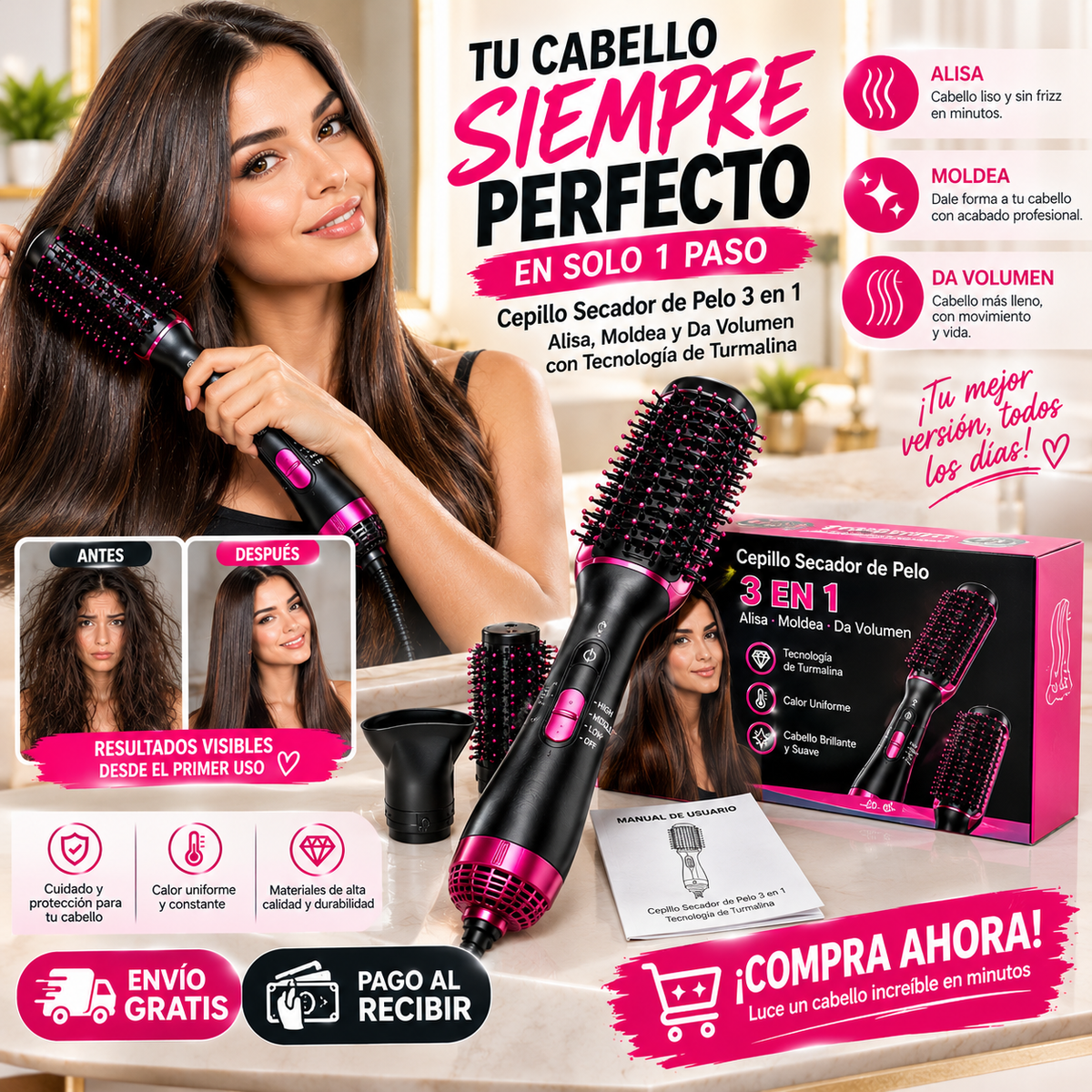 ✨ ¡Cabello Perfecto en Minutos! | Cepillo Secador 3 en 1 con Turmalina