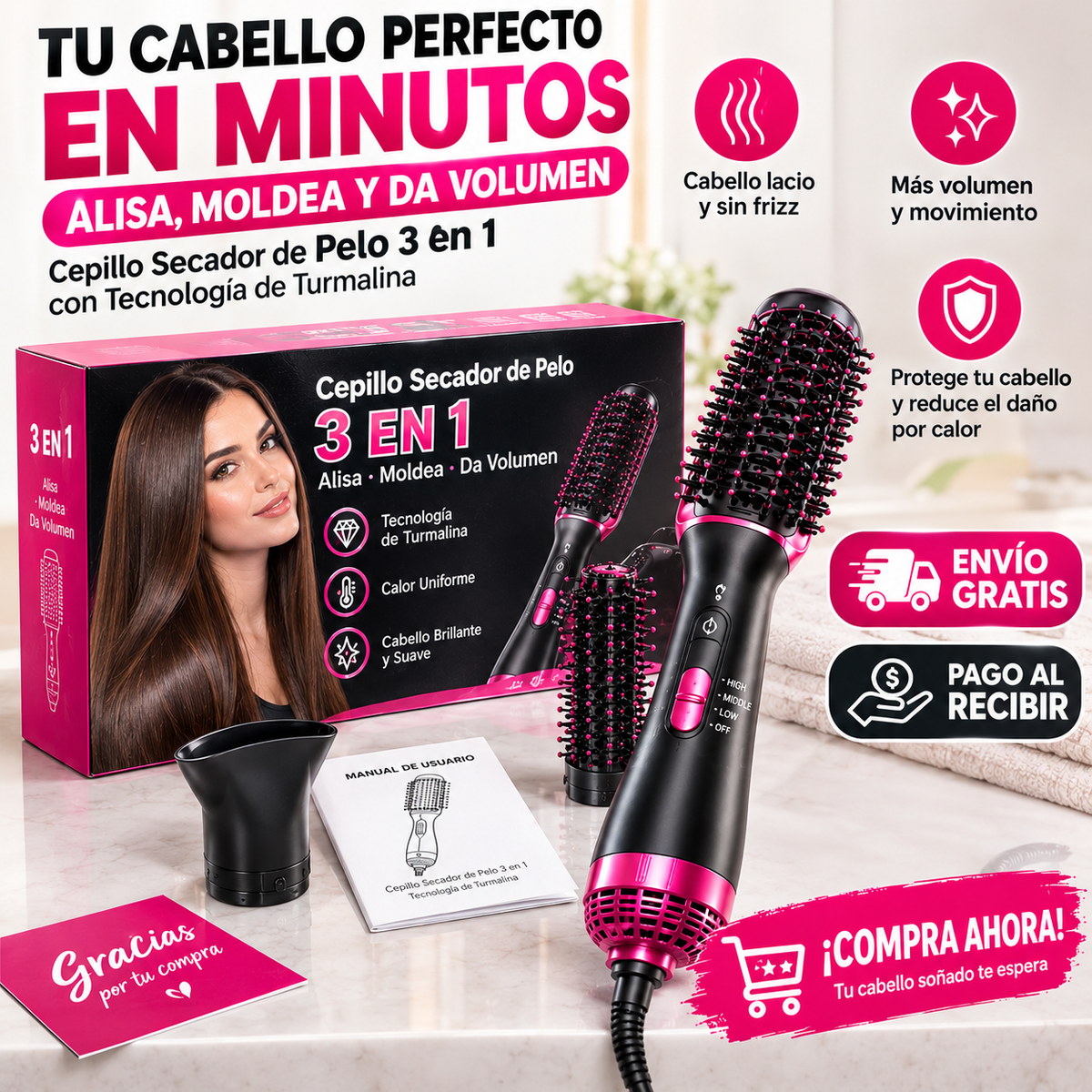 ✨ ¡Cabello Perfecto en Minutos! | Cepillo Secador 3 en 1 con Turmalina