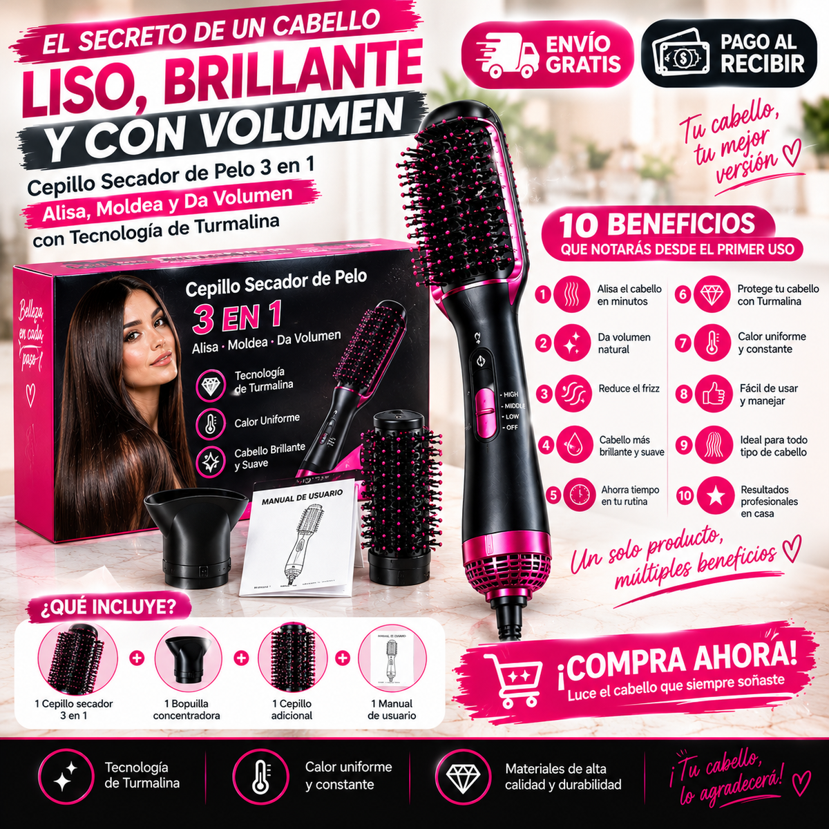 ✨ ¡Cabello Perfecto en Minutos! | Cepillo Secador 3 en 1 con Turmalina
