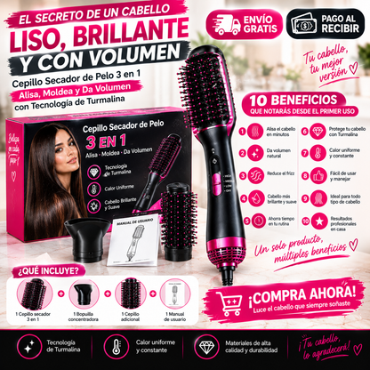 ✨ ¡Cabello Perfecto en Minutos! | Cepillo Secador 3 en 1 con Turmalina