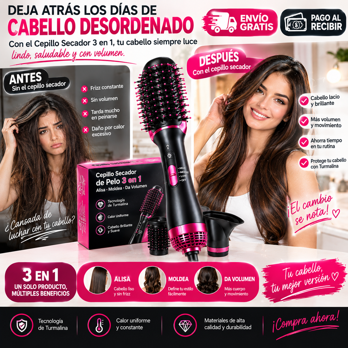 ✨ ¡Cabello Perfecto en Minutos! | Cepillo Secador 3 en 1 con Turmalina