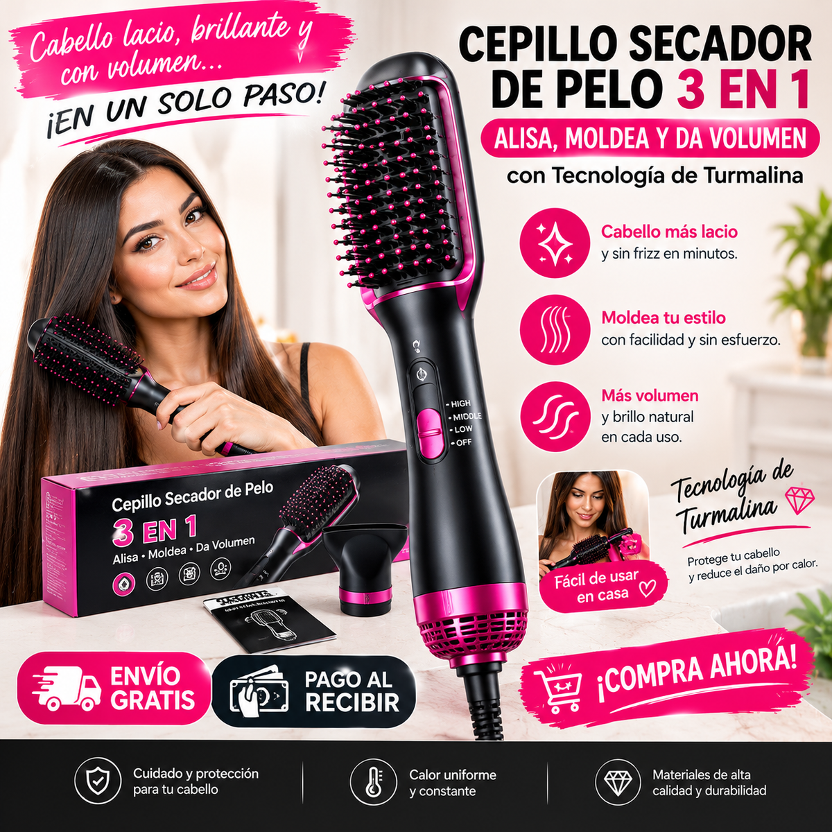 ✨ ¡Cabello Perfecto en Minutos! | Cepillo Secador 3 en 1 con Turmalina
