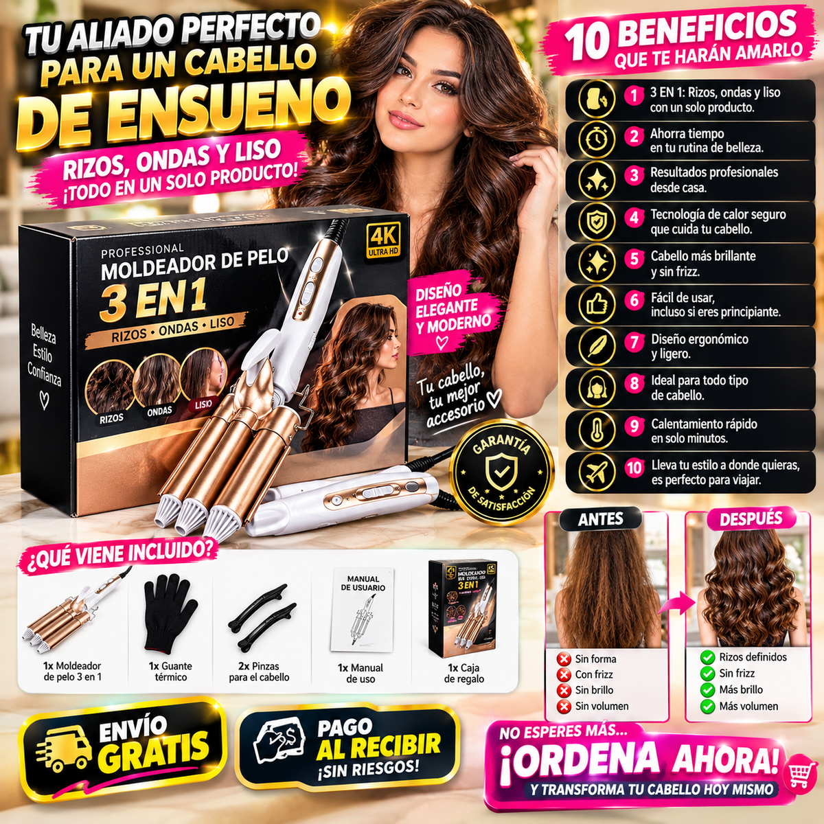 Rizador de Pelo 3 en 1 – Crea Rizos Perfectos en Minutos