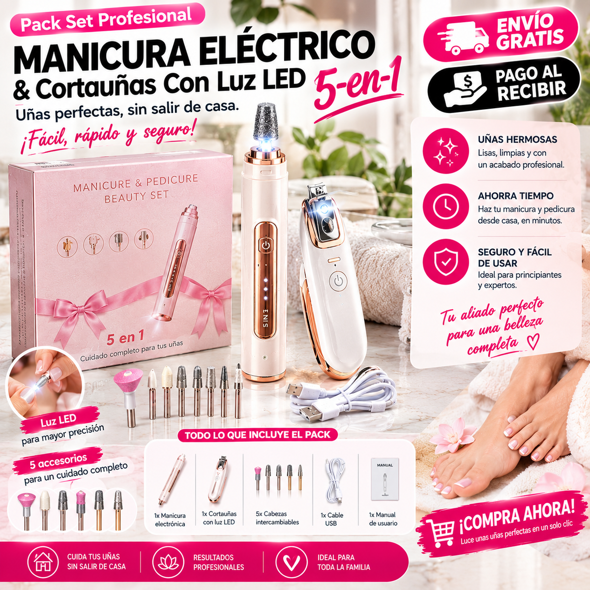 Pack Profesional de Manicura 5 en 1 + Cortauñas LED | Uñas Perfectas en Casa