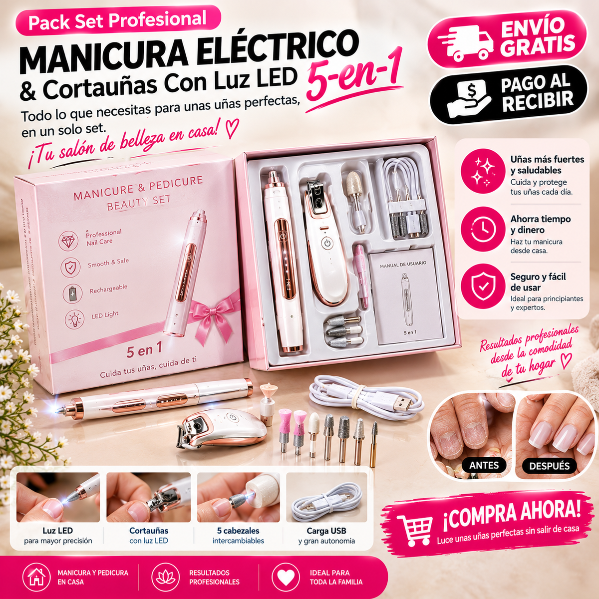 Pack Profesional de Manicura 5 en 1 + Cortauñas LED | Uñas Perfectas en Casa