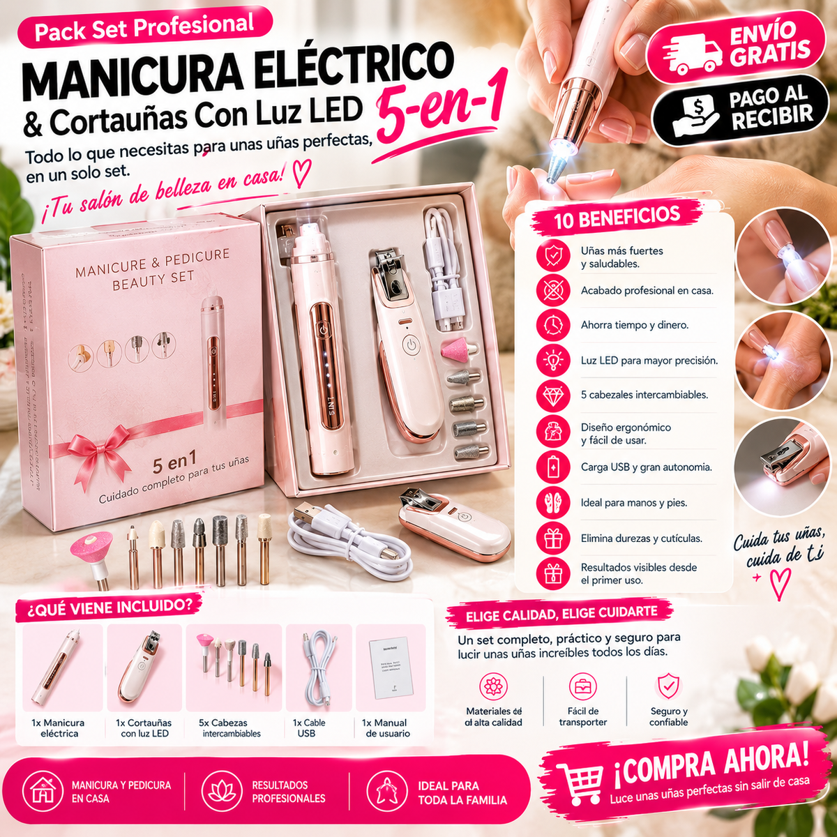 Pack Profesional de Manicura 5 en 1 + Cortauñas LED | Uñas Perfectas en Casa