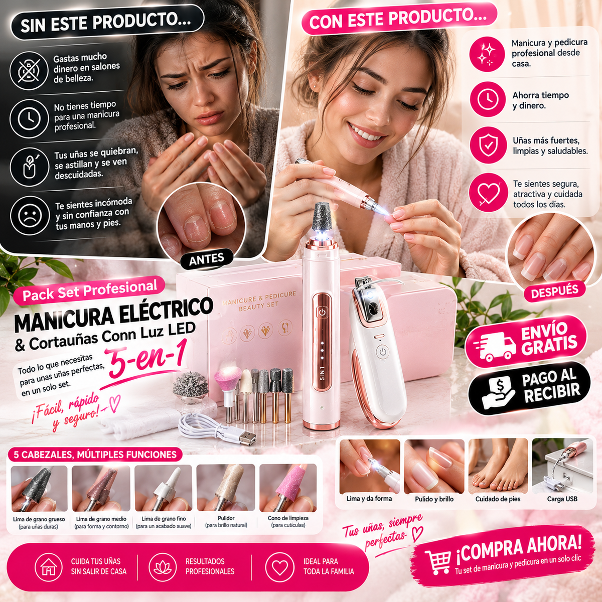 Pack Profesional de Manicura 5 en 1 + Cortauñas LED | Uñas Perfectas en Casa