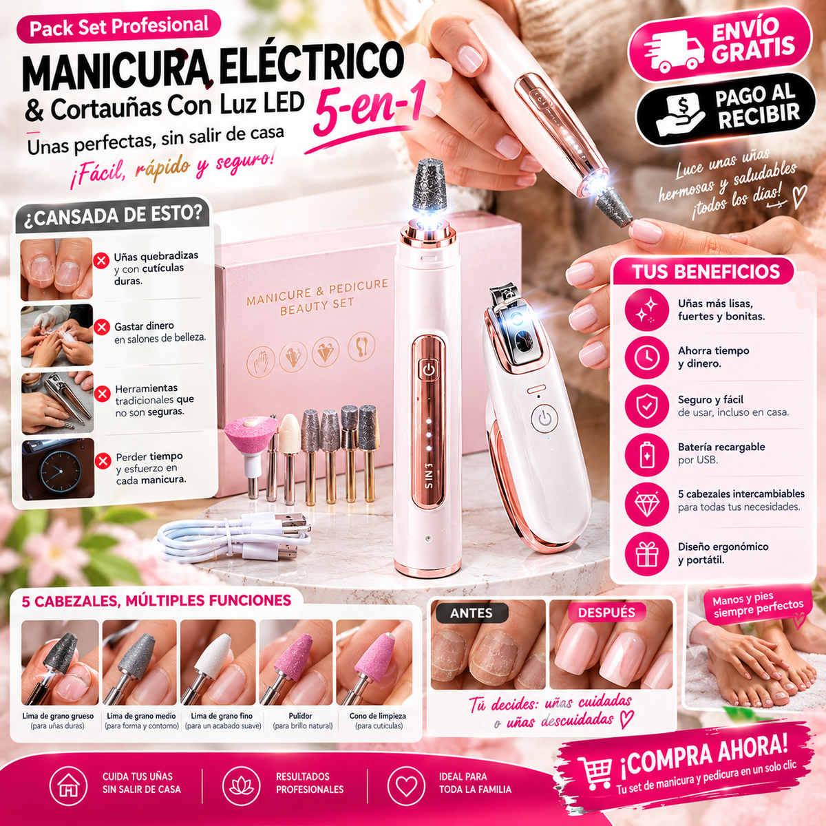 Pack Profesional de Manicura 5 en 1 + Cortauñas LED | Uñas Perfectas en Casa