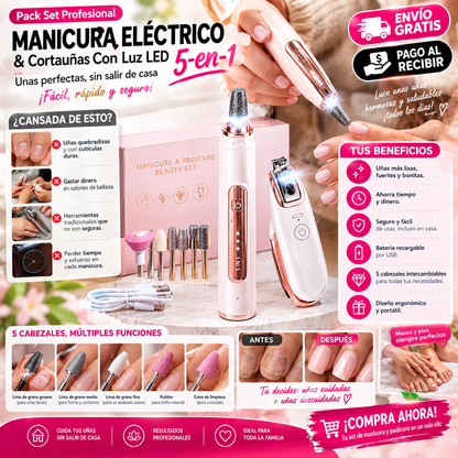 Pack Profesional de Manicura 5 en 1 + Cortauñas LED | Uñas Perfectas en Casa