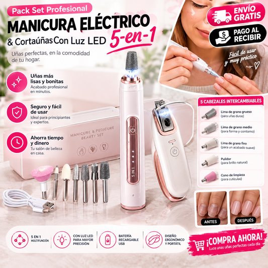 Pack Profesional de Manicura 5 en 1 + Cortauñas LED | Uñas Perfectas en Casa