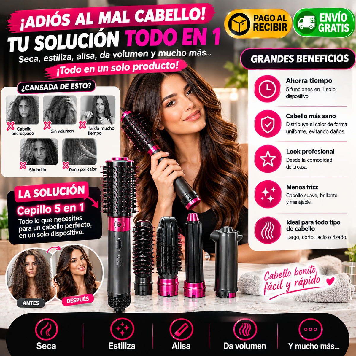 Cepillo 5 en 1 – Peinado Profesional en Casa