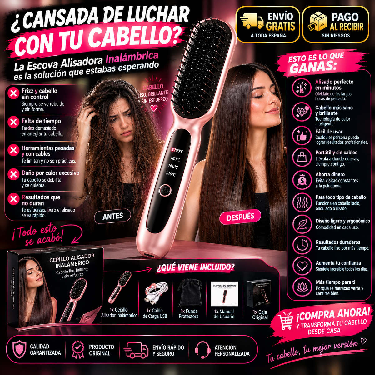 Cepillo Alisador Inalámbrico – Cabello Perfecto en Minutos