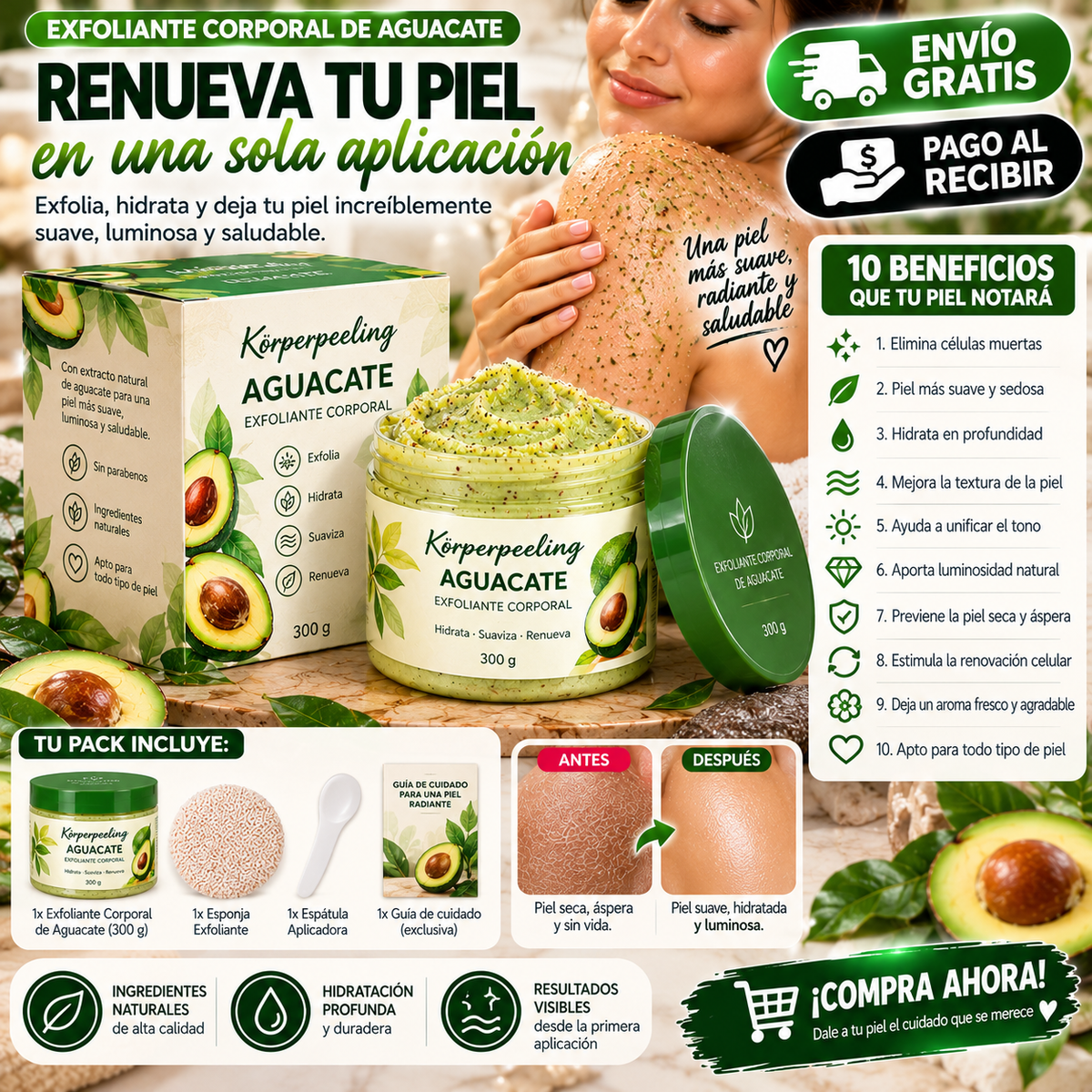 Exfoliante Corporal de Aguacate Hidratante y Suavizante – 300 g