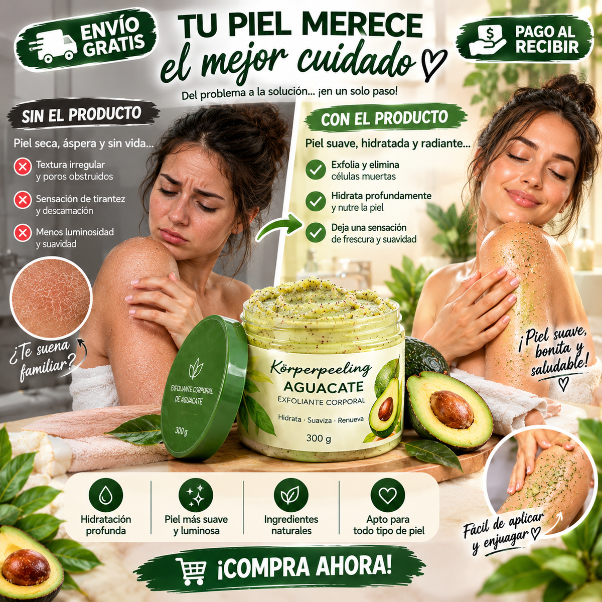 Exfoliante Corporal de Aguacate Hidratante y Suavizante – 300 g