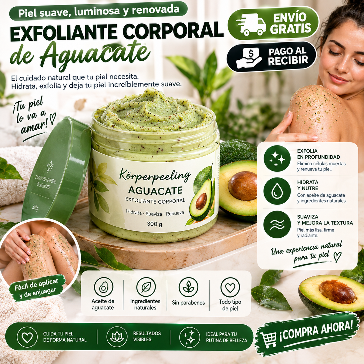 Exfoliante Corporal de Aguacate Hidratante y Suavizante – 300 g