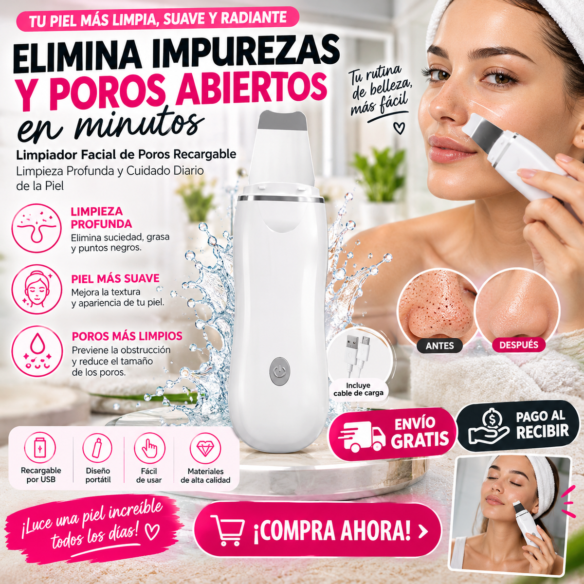 Limpiador Facial de Poros Recargable – ¡Limpia tu Piel en Profundidad y Luce un Rostro Más Fresco desde Casa!