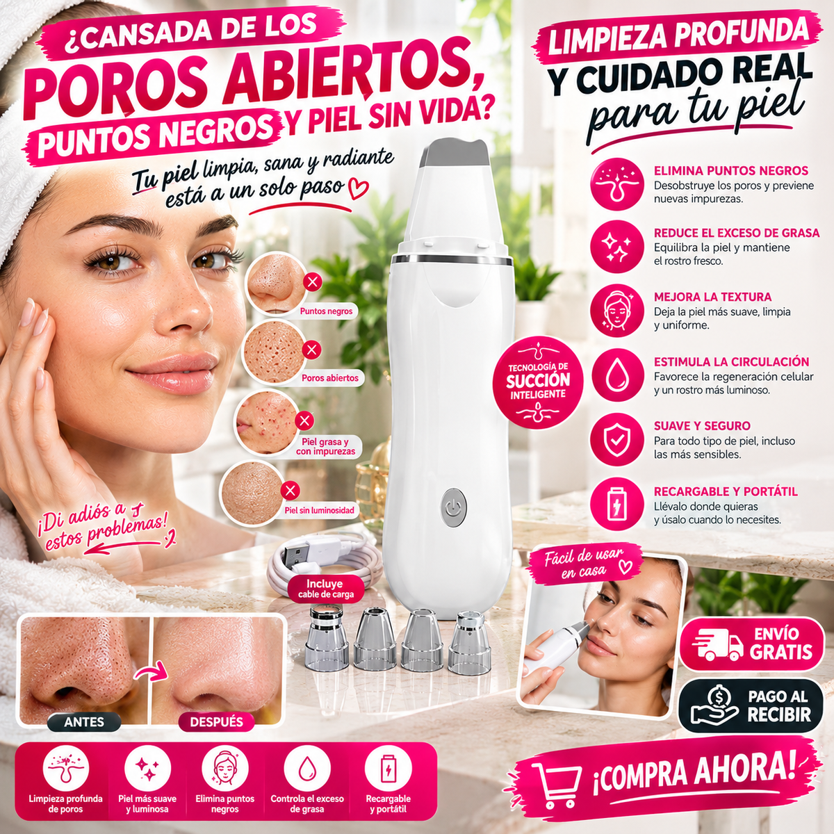 Limpiador Facial de Poros Recargable – ¡Limpia tu Piel en Profundidad y Luce un Rostro Más Fresco desde Casa!