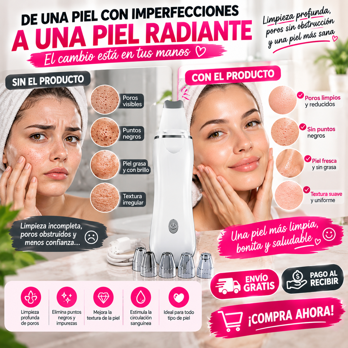 Limpiador Facial de Poros Recargable – ¡Limpia tu Piel en Profundidad y Luce un Rostro Más Fresco desde Casa!