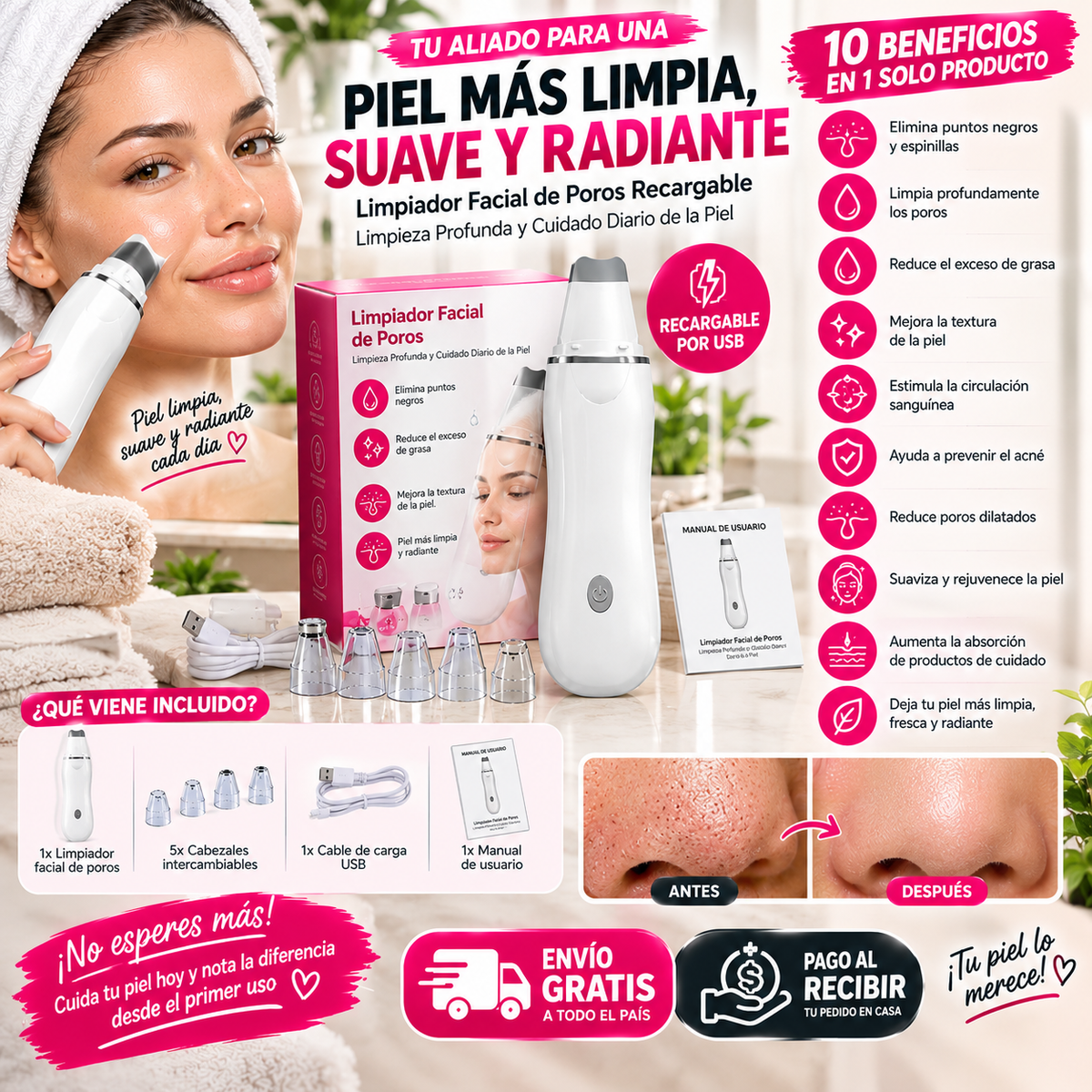 Limpiador Facial de Poros Recargable – ¡Limpia tu Piel en Profundidad y Luce un Rostro Más Fresco desde Casa!