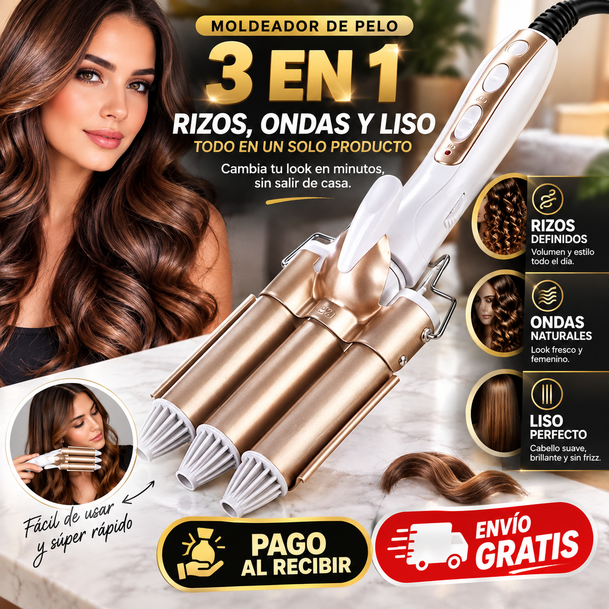 Rizador de Pelo 3 en 1 – Crea Rizos Perfectos en Minutos