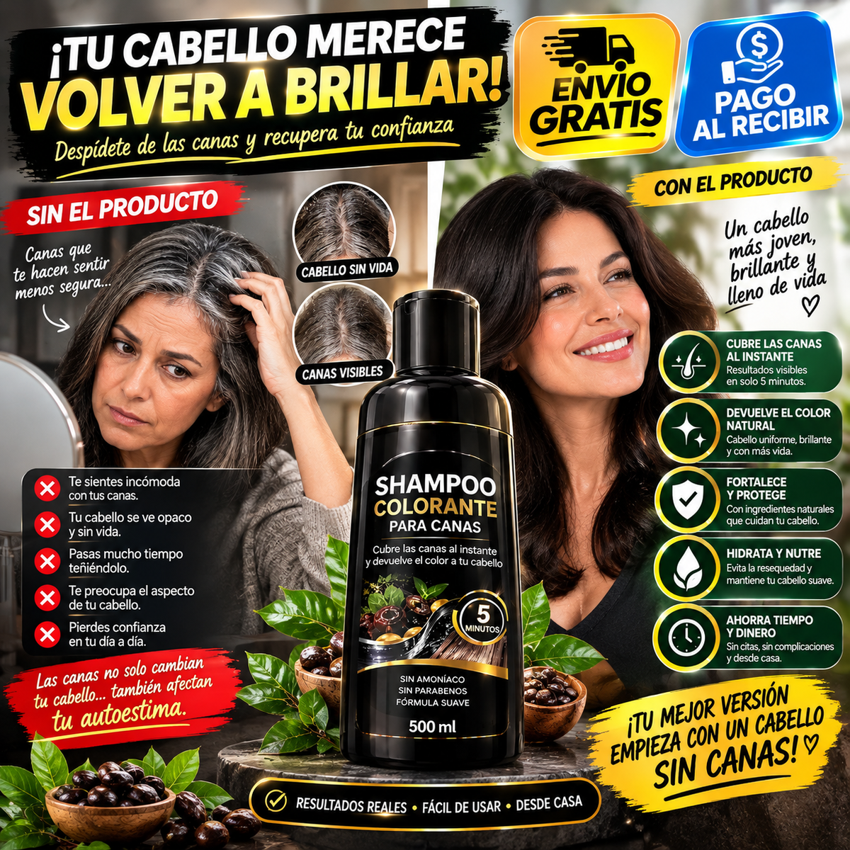 Champú Colorante para Canas 500 ml – Color Intenso y Cabello con Más Brillo