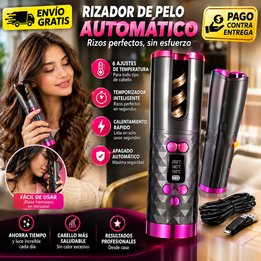 Rizador de pelo automático inalámbrico con pantalla LCD, recargable por USB, 6 ajustes de temperatura y temporizador, calentamiento rápido y apagado automático