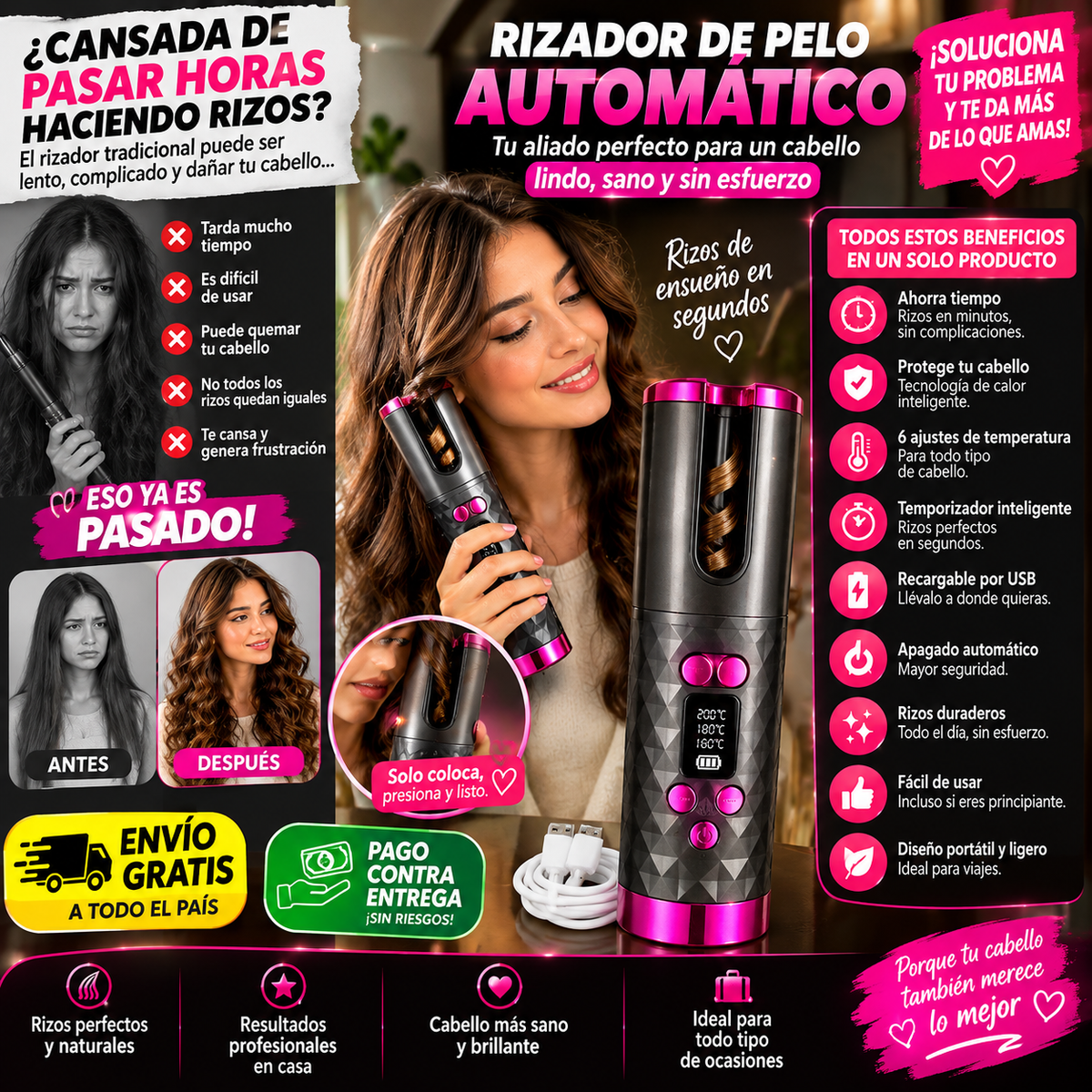 Rizador de pelo automático inalámbrico con pantalla LCD, recargable por USB, 6 ajustes de temperatura y temporizador, calentamiento rápido y apagado automático