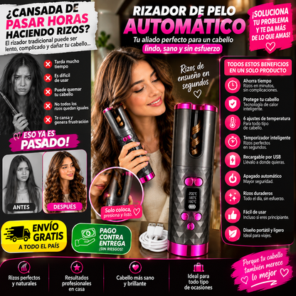 Rizador de pelo automático inalámbrico con pantalla LCD, recargable por USB, 6 ajustes de temperatura y temporizador, calentamiento rápido y apagado automático