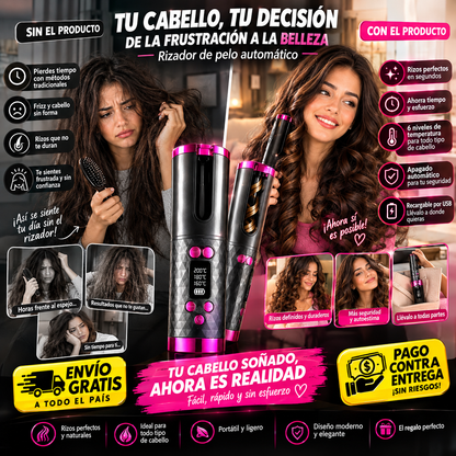Rizador de pelo automático inalámbrico con pantalla LCD, recargable por USB, 6 ajustes de temperatura y temporizador, calentamiento rápido y apagado automático