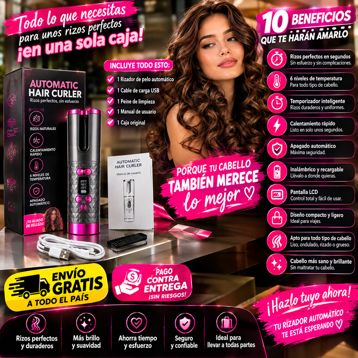 Rizador de pelo automático inalámbrico con pantalla LCD, recargable por USB, 6 ajustes de temperatura y temporizador, calentamiento rápido y apagado automático