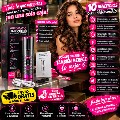 Rizador de pelo automático inalámbrico con pantalla LCD, recargable por USB, 6 ajustes de temperatura y temporizador, calentamiento rápido y apagado automático