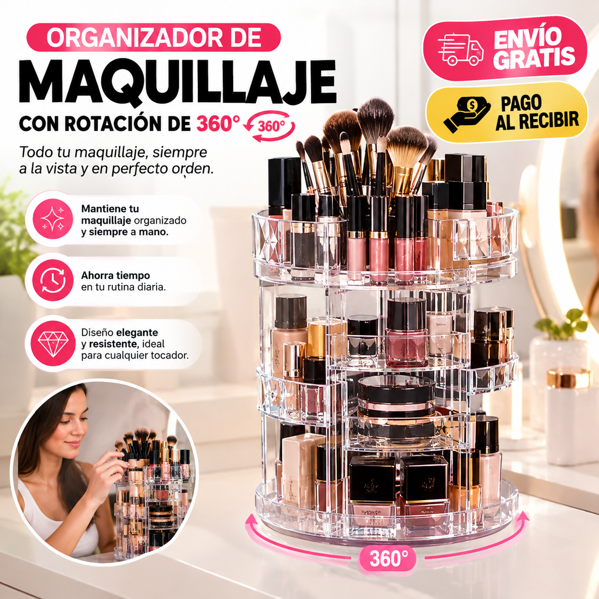 Organizador de maquillaje giratorio 360° – Más organización, más espacio y máxima practicidad